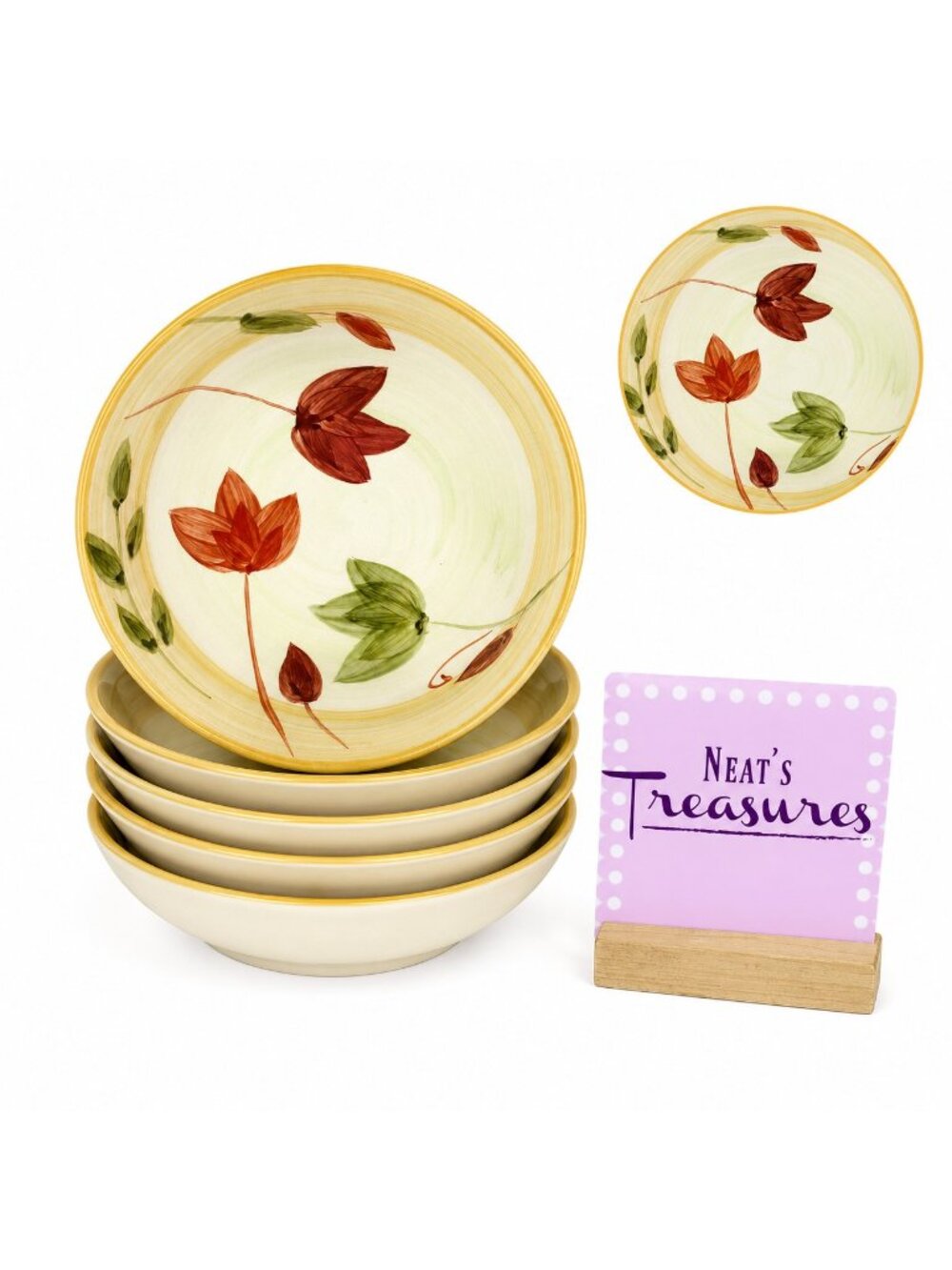 Gibson GID441 Tan Band Red Flowers Green Leaves Stoneware Soup Cereal Bowl Set 5